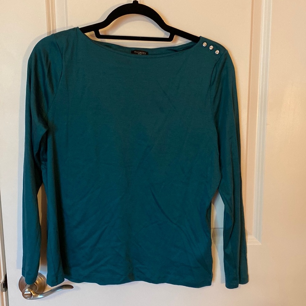 Host Pick 🎉Talbots blue top with CZ buttons Size L petite